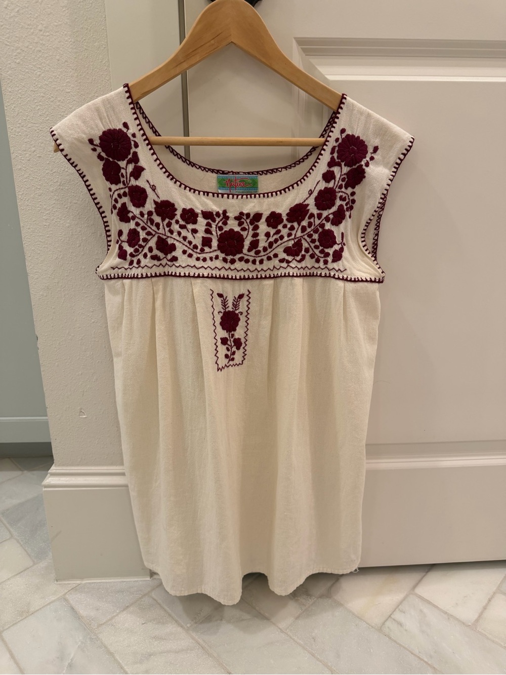 Embroidered Cream Tunic with Burgundy Floral Yoke